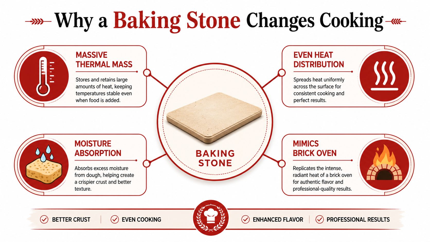 A diagram illustrating the four key benefits of using a baking stone for cooking pizza and bread.