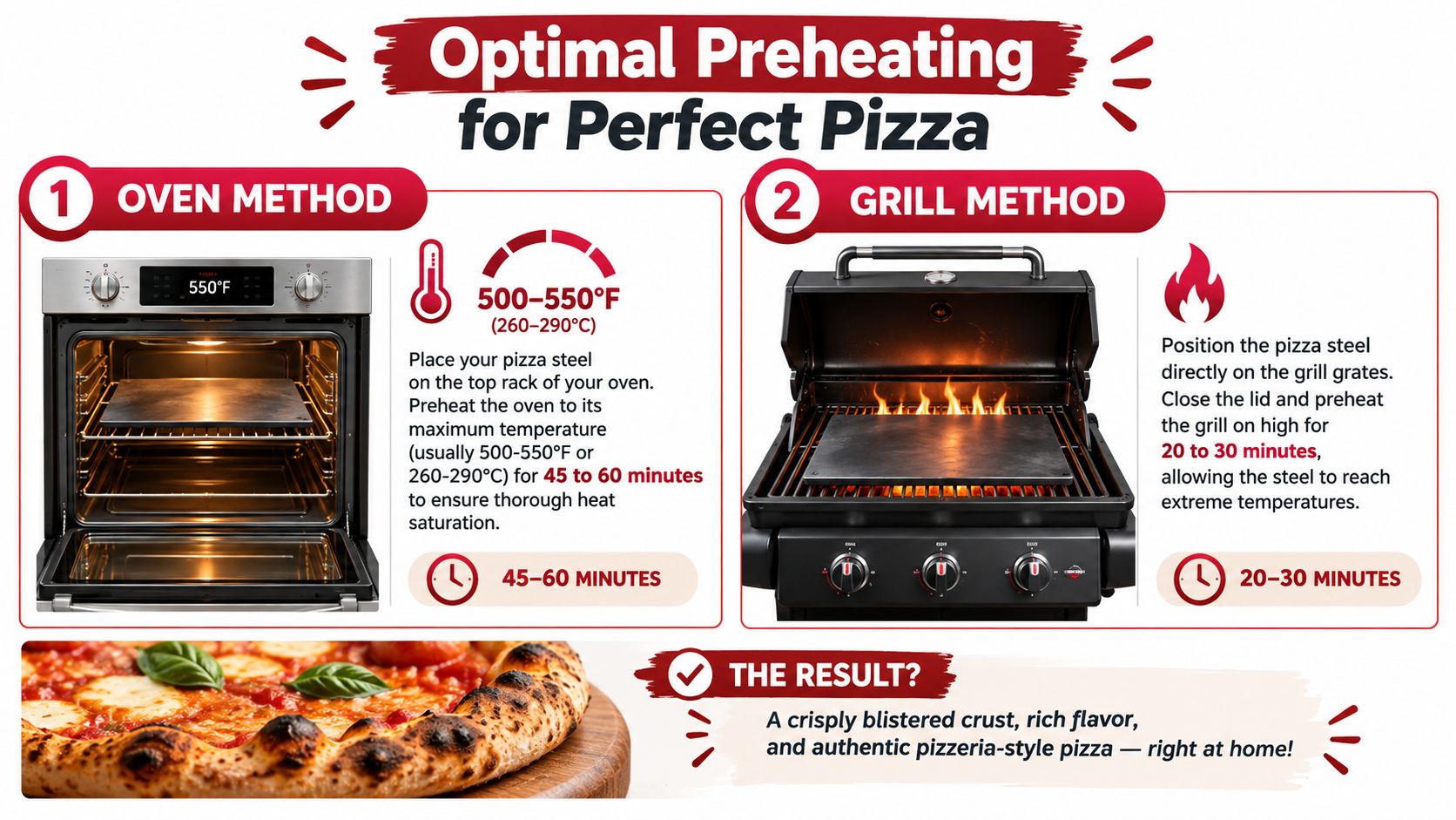 An infographic showing instructions for preheating a pizza steel in an oven and on a grill.