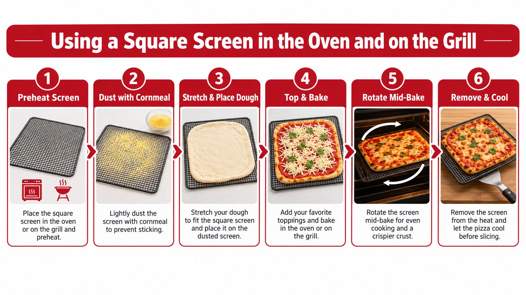 A step-by-step instructional infographic showing how to use a square pizza screen for baking.