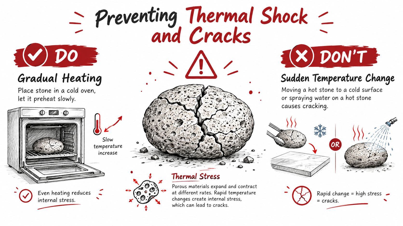 An infographic showing instructions for preventing thermal shock and cracks in a baking stone.