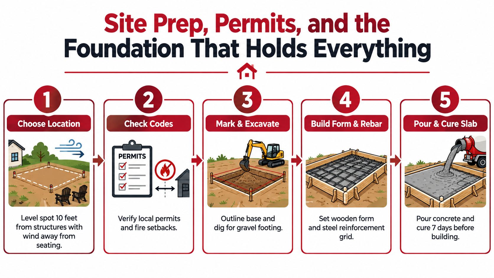An infographic showing the five steps to prepare a site and pour a foundation for backyard projects.