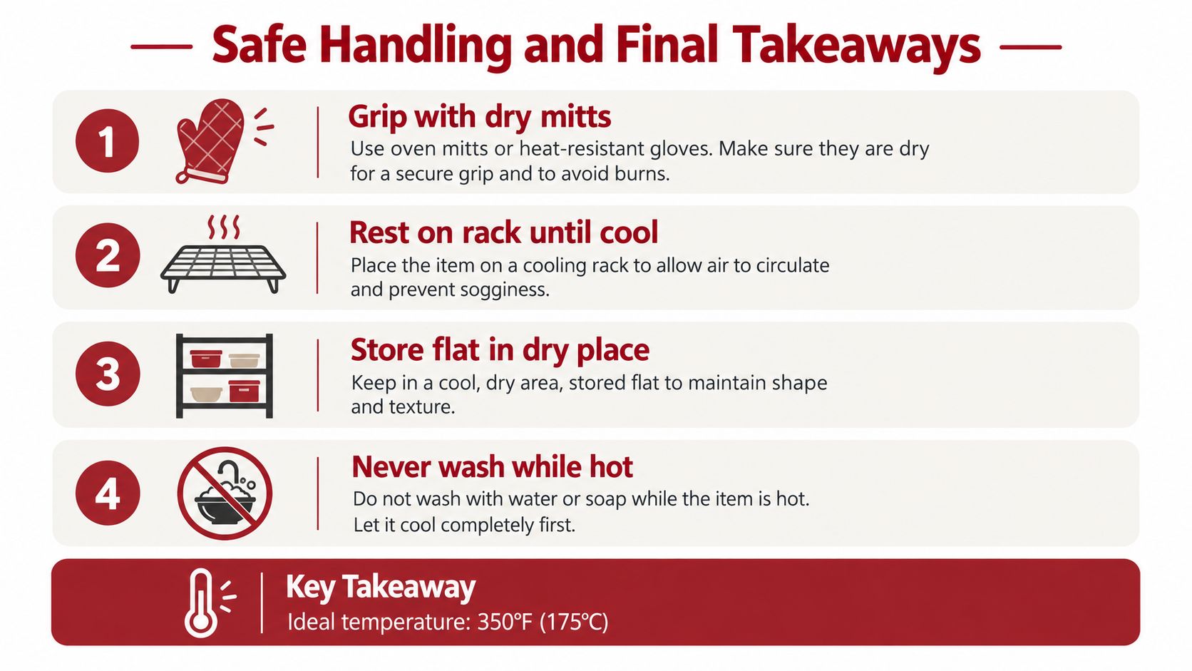 An infographic showing four steps for the safe handling of hot items, including cooling and storage instructions.