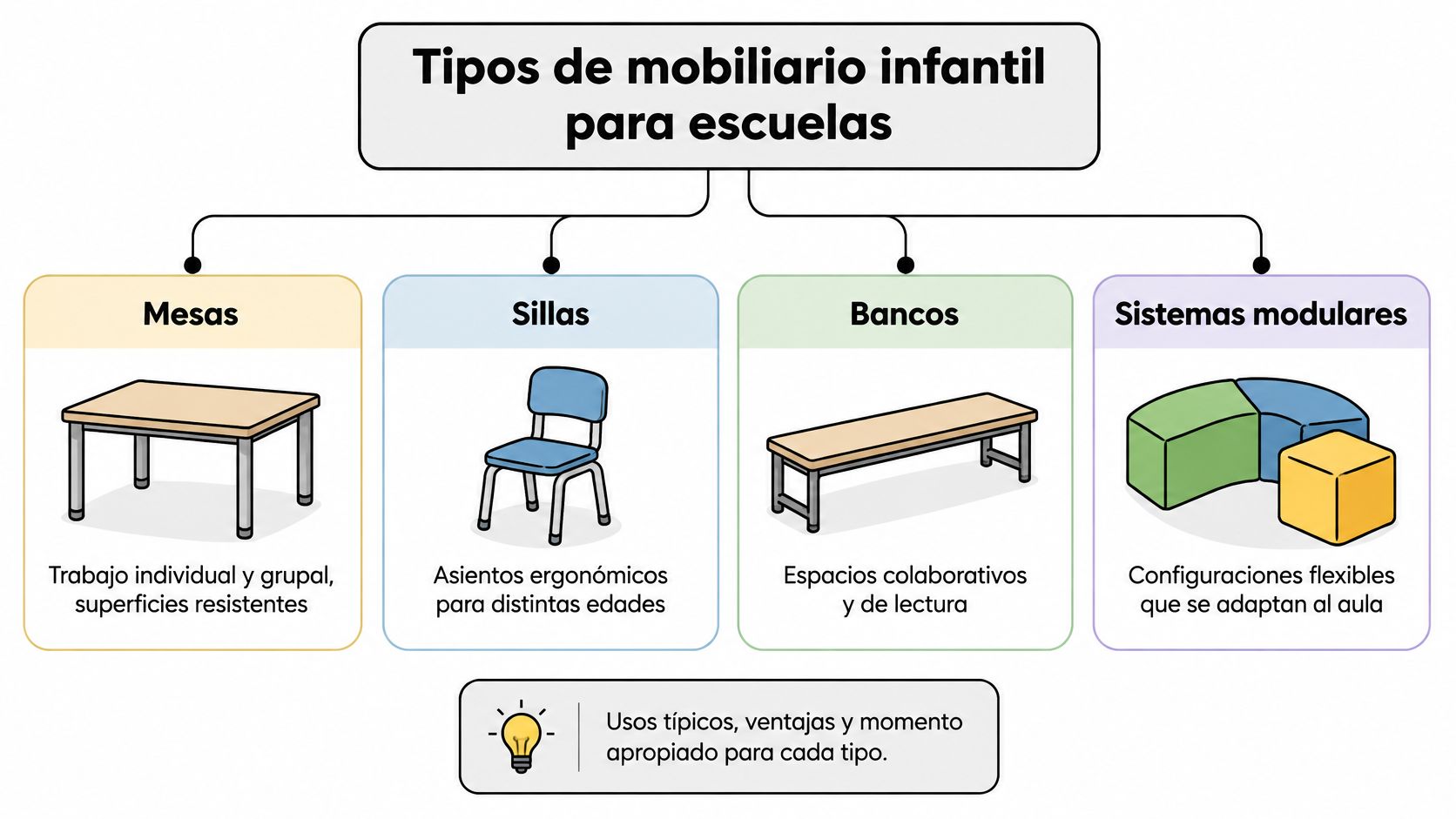 Infografía sobre los diversos tipos de mobiliario infantil escolar, incluyendo mesas, sillas, bancos y sistemas modulares.