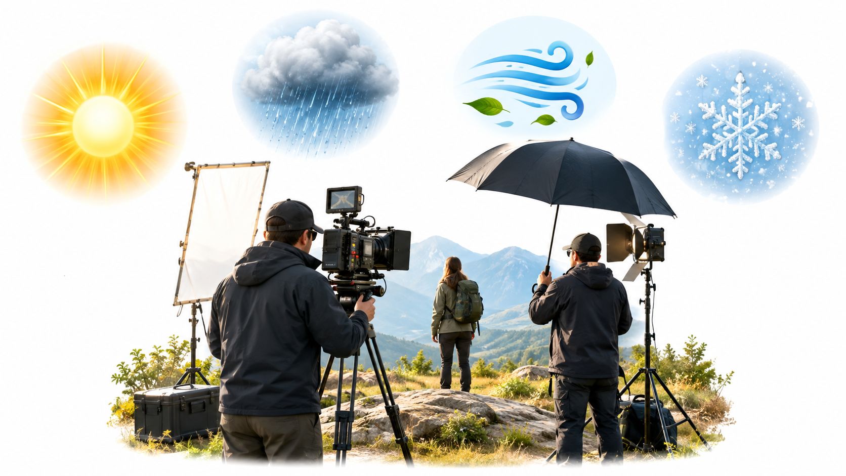 Equipo de producción grabando a una excursionista en la montaña bajo diferentes condiciones climáticas ilustradas.
