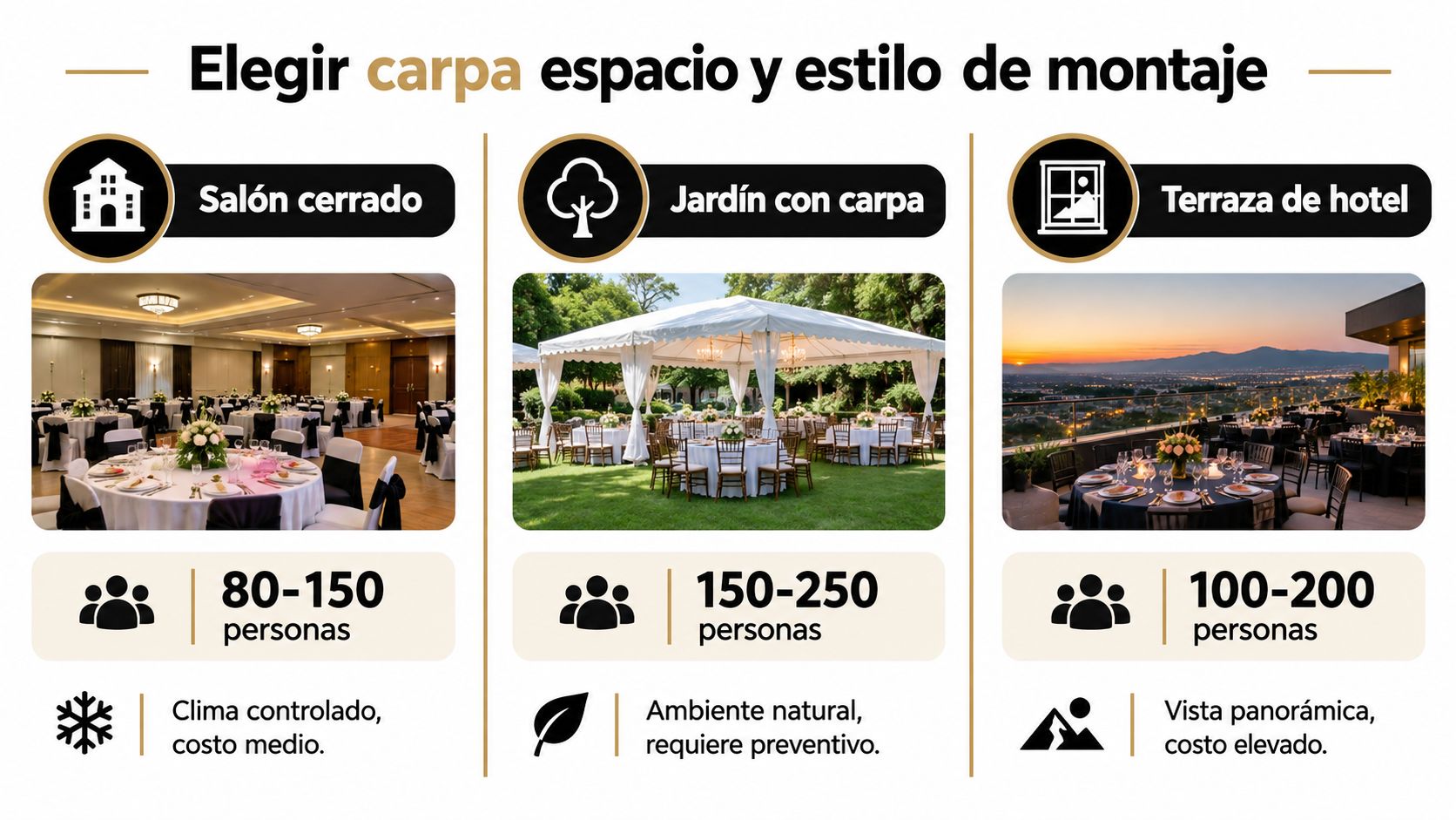 Infografía comparativa sobre tipos de espacios para eventos, capacidades de personas y características del lugar.