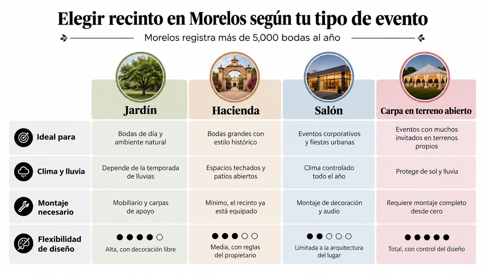 Tabla comparativa de tipos de recintos para eventos en Morelos, incluyendo jardines, haciendas, salones y carpas.