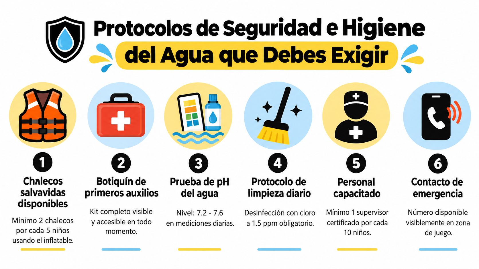 Infografía sobre protocolos de seguridad e higiene esenciales para juegos inflables acuáticos y piscinas recreativas.
