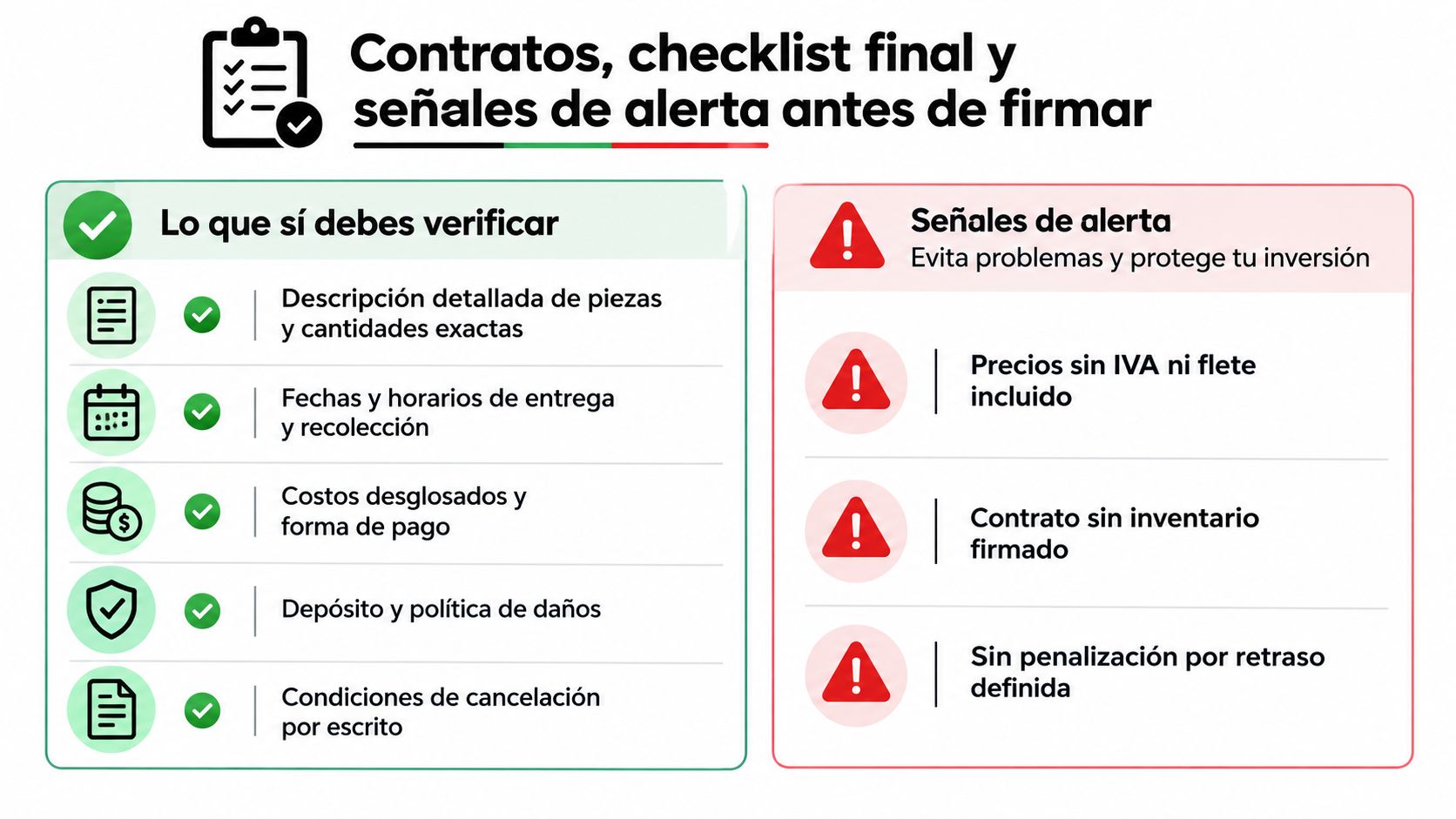 Infografía con consejos y señales de alerta para revisar contratos de renta de mobiliario antes de firmar.