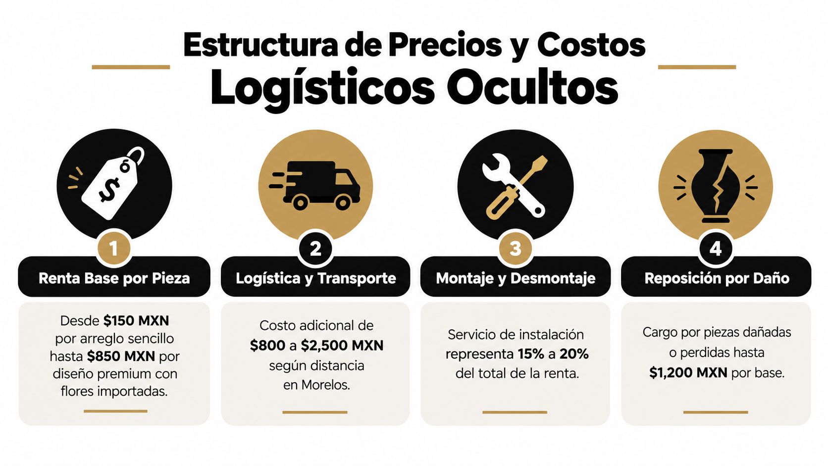 Infografía sobre la estructura de precios y costos logísticos ocultos para renta de centros de mesa.