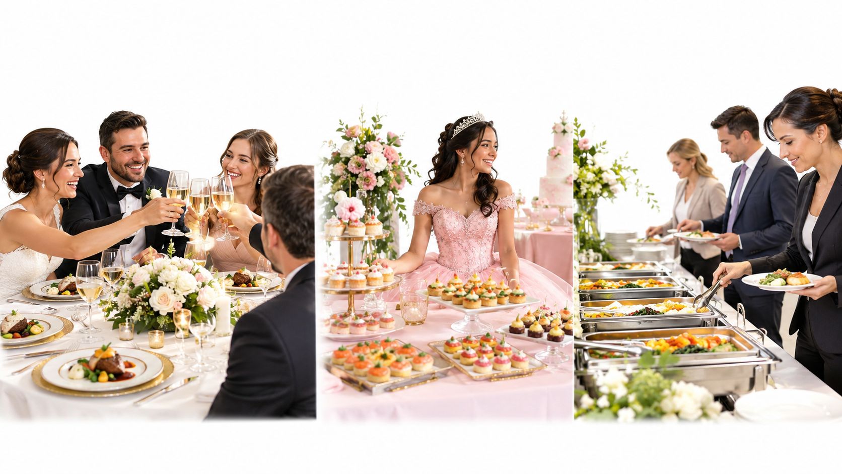 Personas disfrutando de una cena elegante con banquetes, postres y platos servidos para eventos especiales