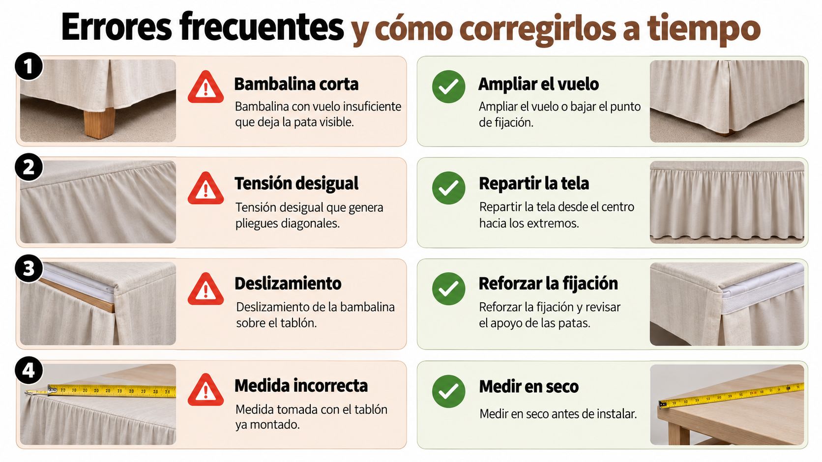 Infografía sobre errores frecuentes al instalar bambalinas en tablones y cómo corregirlos paso a paso correctamente.