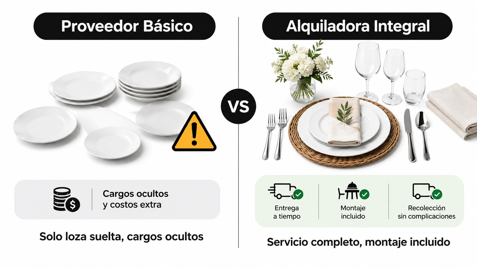Comparativa visual entre un proveedor básico de loza suelta y una alquiladora integral de vajillas para eventos.