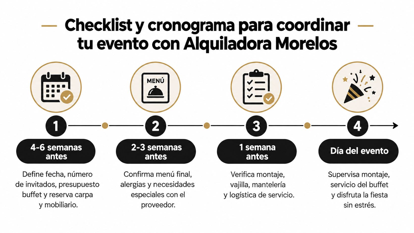 Cronograma y pasos para coordinar un evento con la empresa Alquiladora Morelos desde la planeación hasta el día.