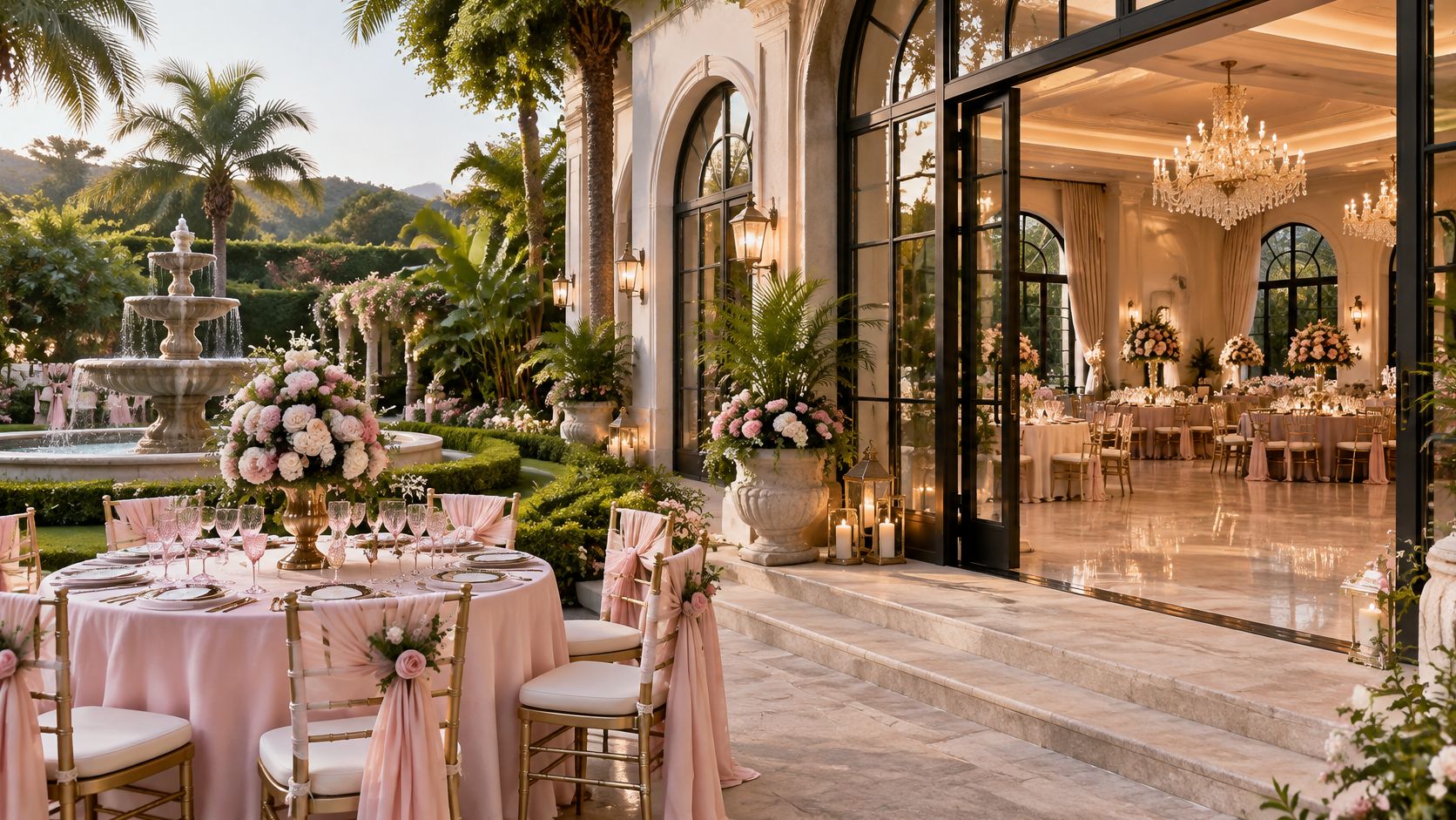 Elegante recepción al aire libre para eventos con mesas decoradas, flores y una hermosa fuente en Cuernavaca.