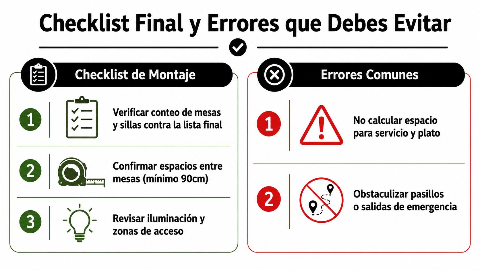 Infografía con una lista de verificación y errores comunes para el montaje de mesas en eventos.