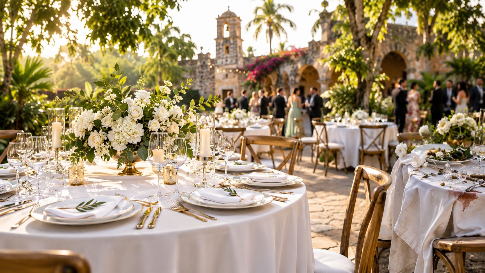 Mesas elegantemente decoradas para un evento al aire libre en una hacienda con flores blancas