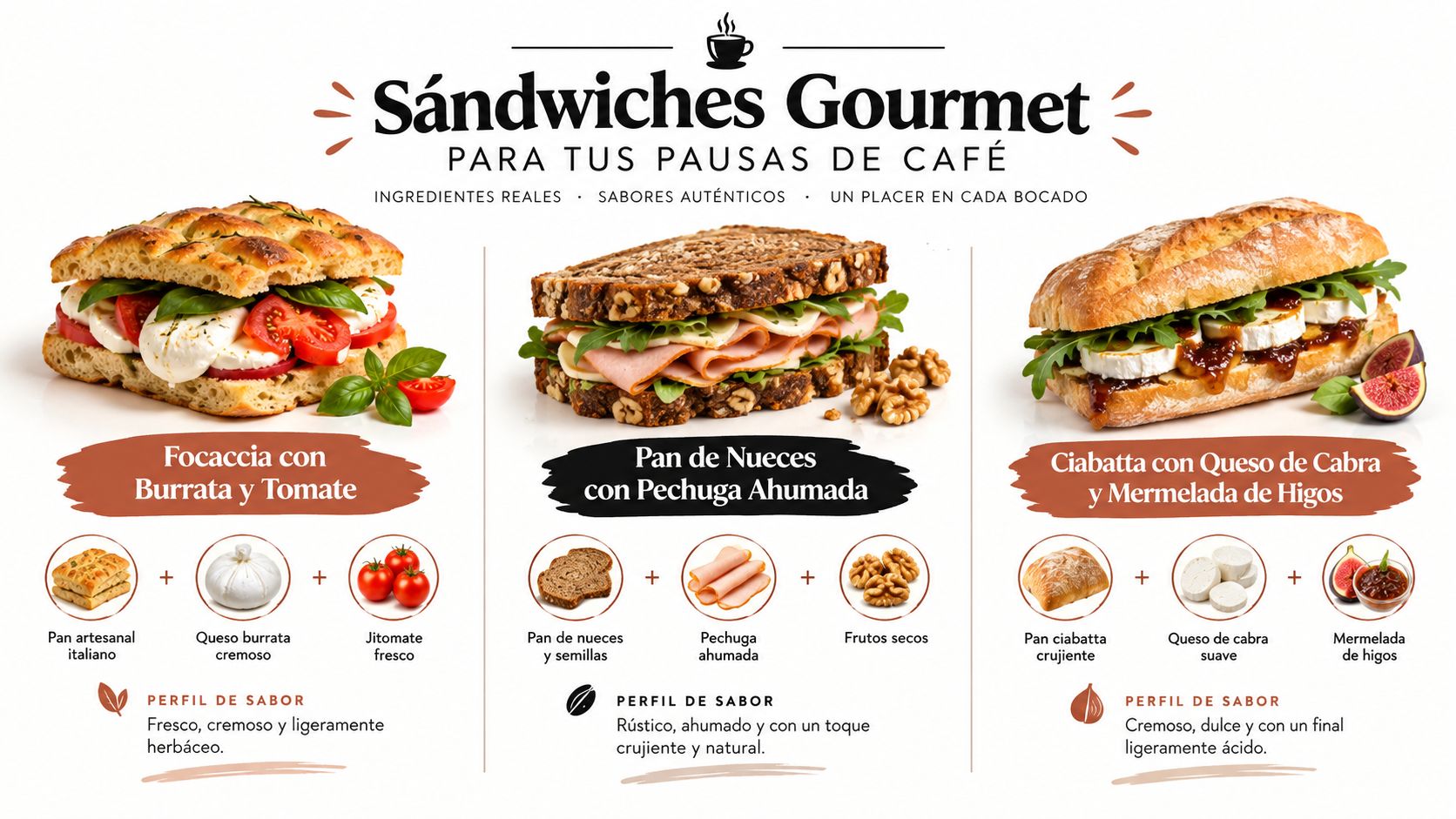 Tres deliciosos sándwiches gourmet con ingredientes frescos para un menú de coffee break elegante y variado.