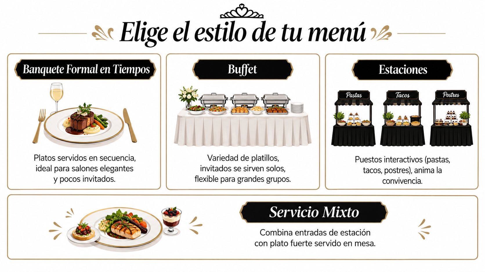 Infografía que presenta cuatro estilos de menú para eventos como xv años: banquete, buffet, estaciones y mixto.