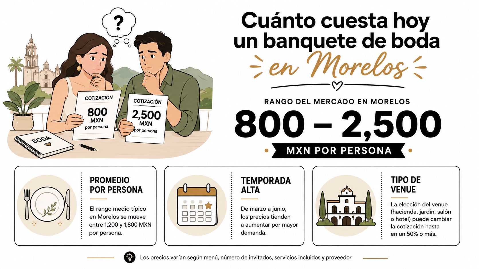 Infografía sobre los precios promedio de banquetes para bodas en el estado de Morelos, México.