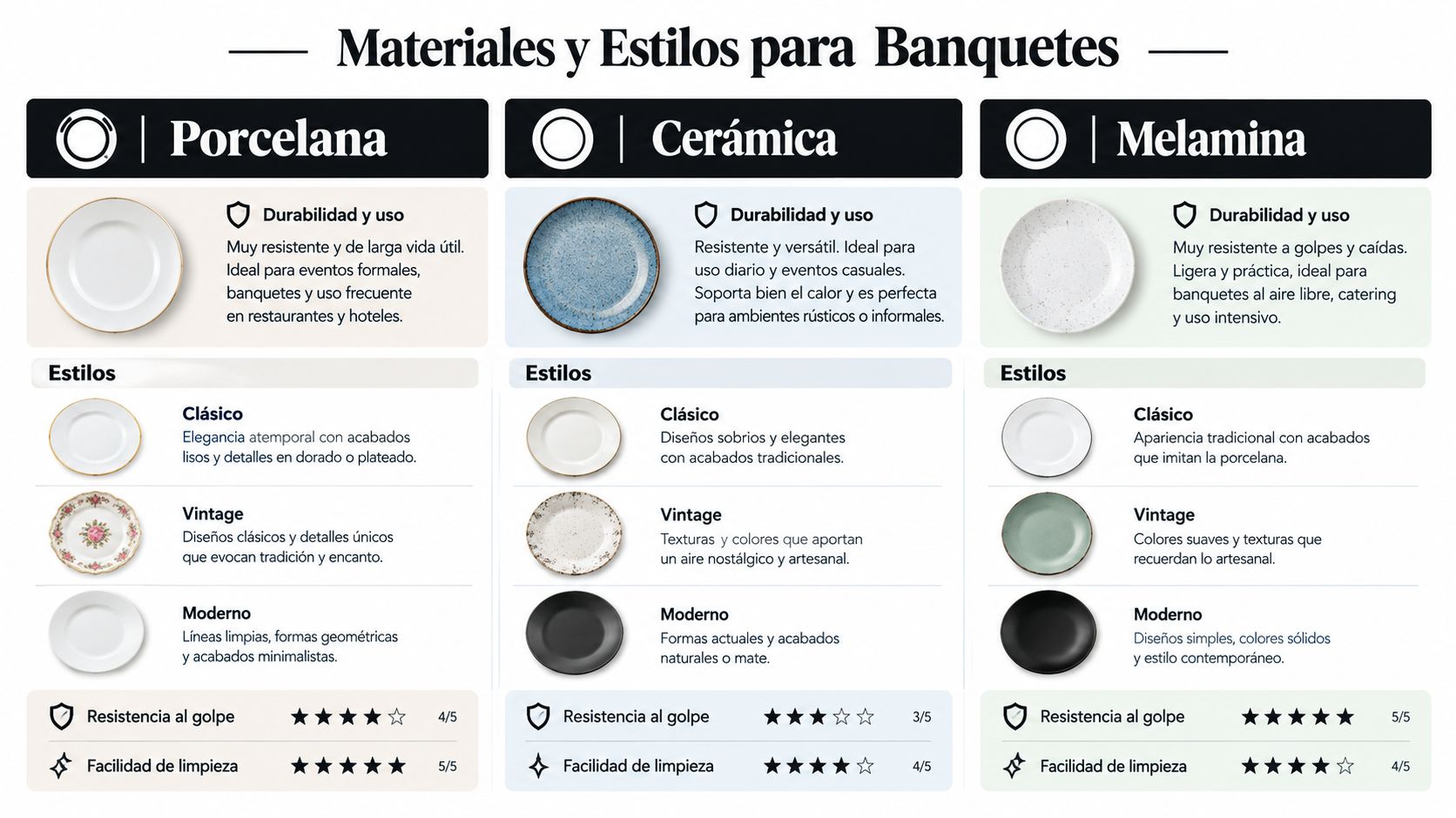 Infografía comparativa sobre materiales de loza para banquetes, incluyendo porcelana, cerámica y melamina con sus estilos.