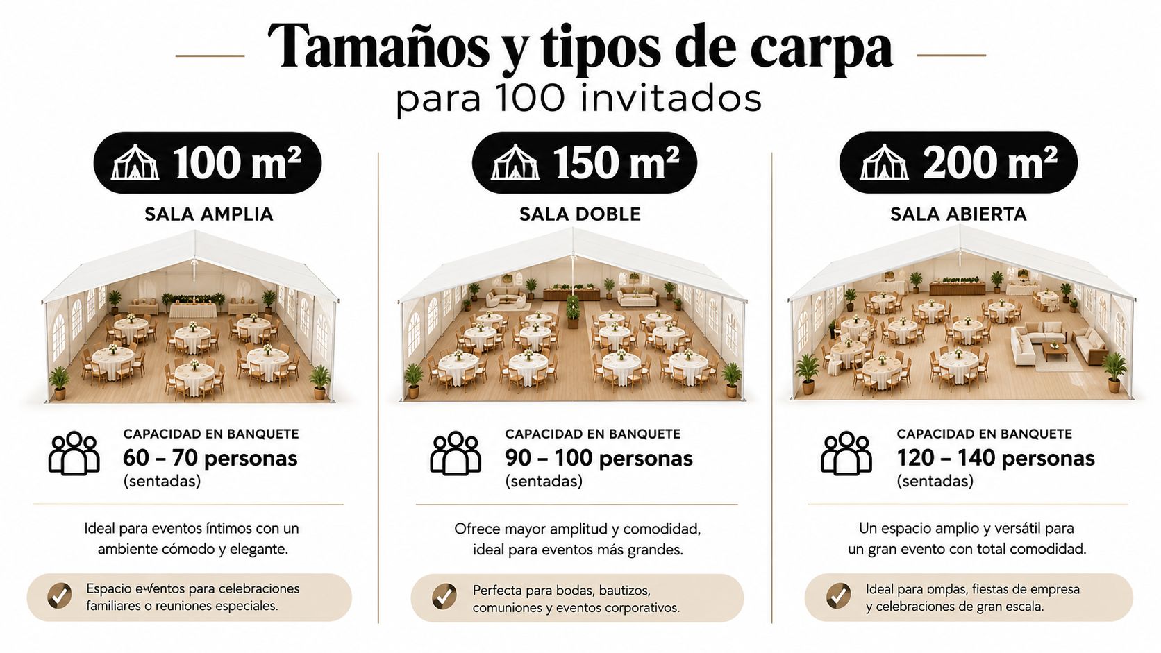 Infografía sobre tamaños y tipos de carpas para eventos con capacidad de hasta 100 invitados sentados cómodamente.