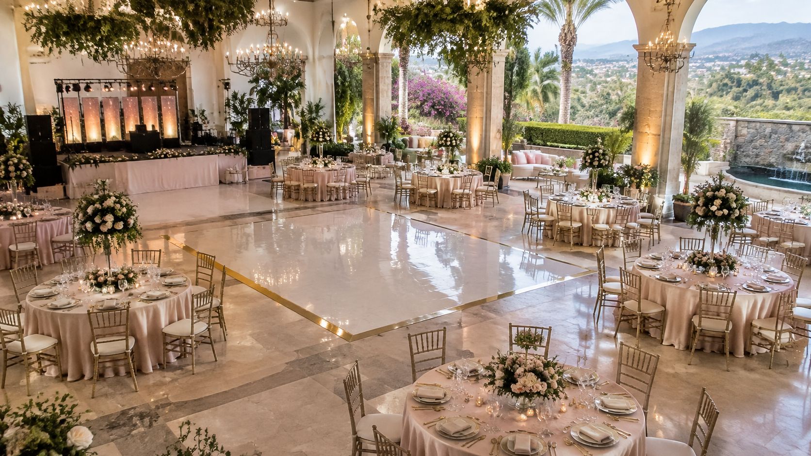 Elegante salón de eventos para fiestas de quince años en Cuernavaca, decorado con mesas redondas y flores.