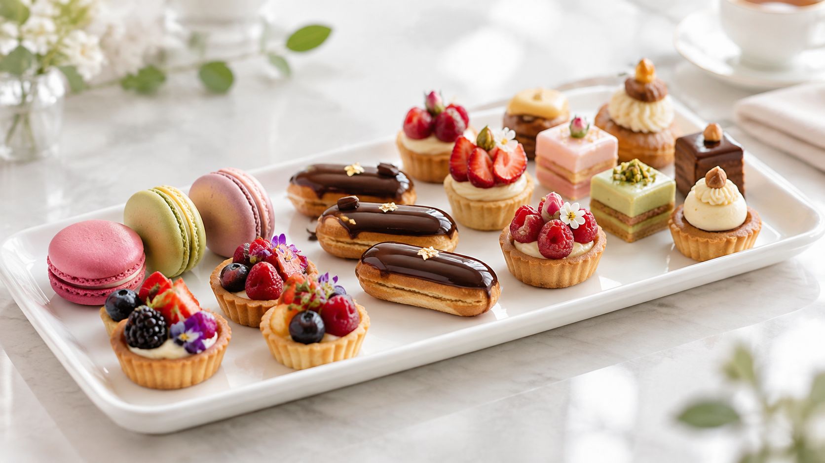 Una variedad de deliciosos pasteles pequeños y postres delicados dispuestos elegantemente sobre una bandeja rectangular blanca.