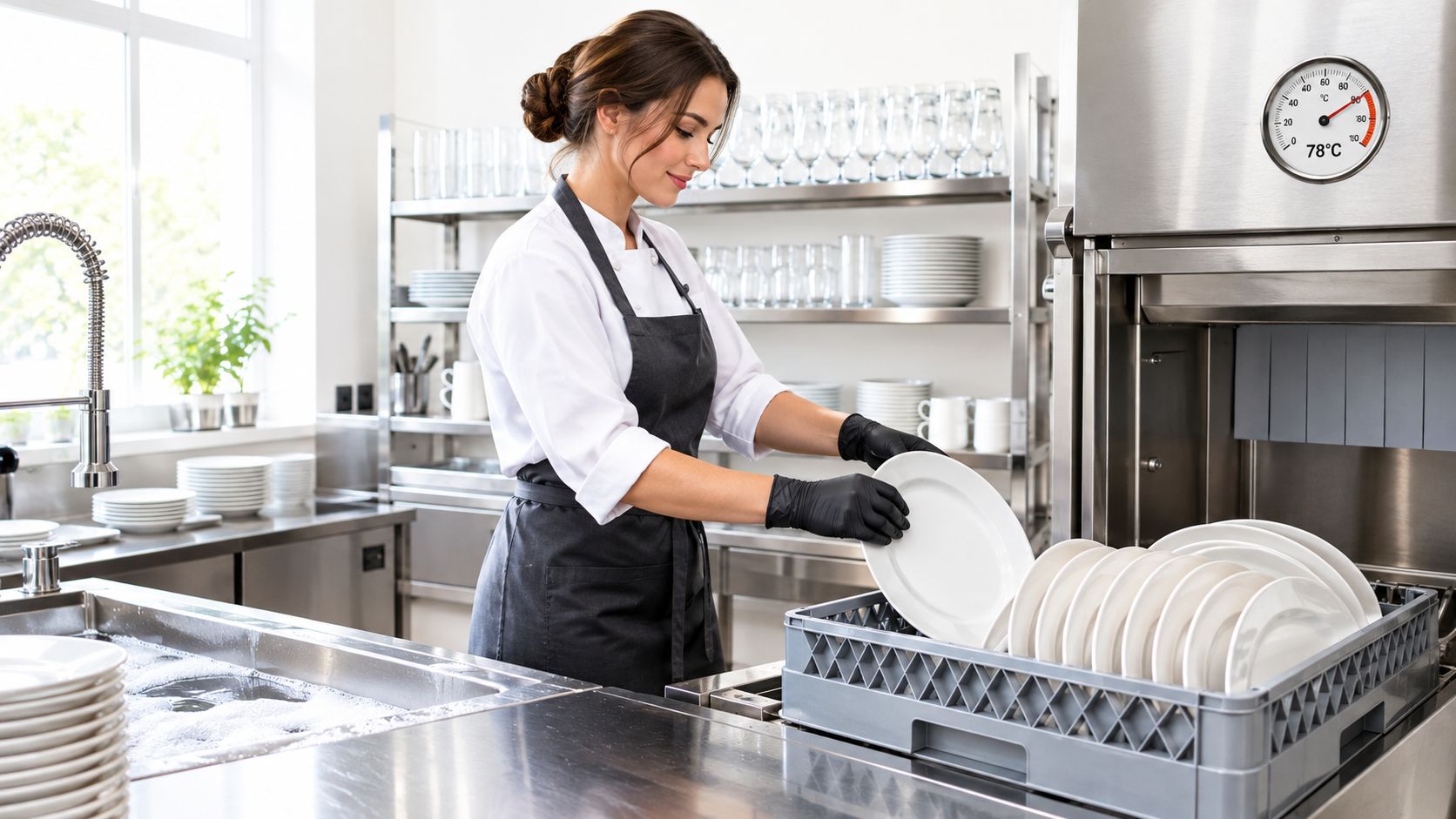 Una chef con guantes negros coloca platos blancos en un lavavajillas industrial de una cocina profesional.