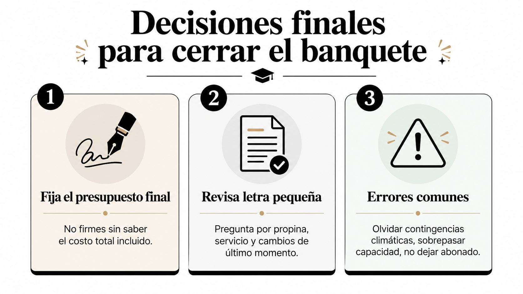 Infografía con tres pasos esenciales para organizar y cerrar exitosamente los detalles de un banquete para graduaciones.