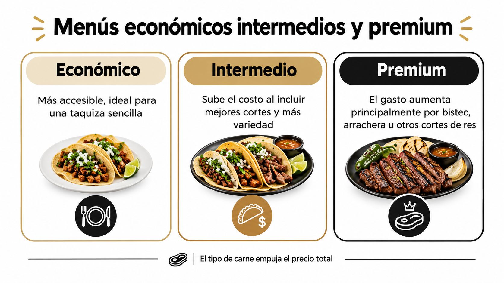 Comparativa de menús para taquiza clasificados en niveles económico, intermedio y premium según el tipo de carne.