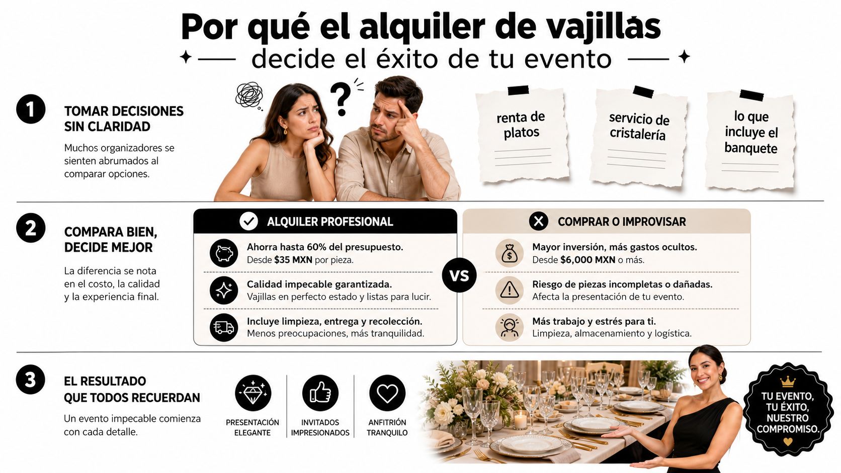 Infografía comparativa sobre las ventajas de elegir alquiler de vajillas profesional frente a comprar o improvisar para eventos.