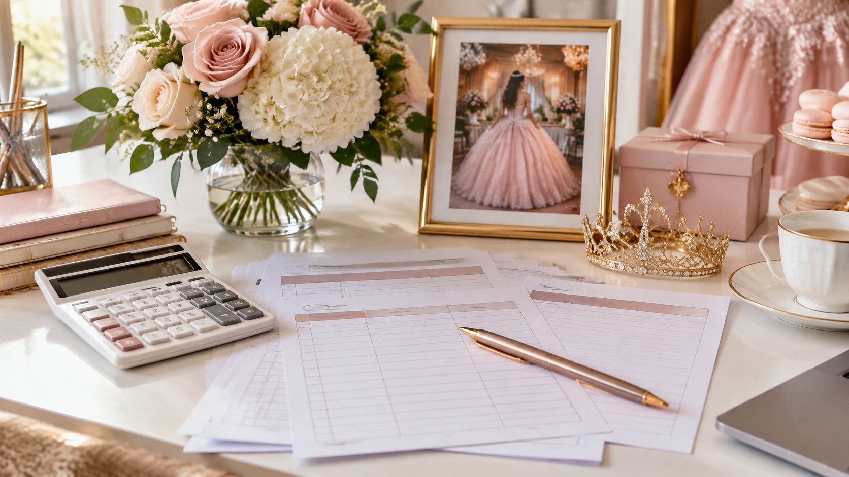 Mesa decorada para la planificación de una fiesta de quinceañera con calculadora, papeles, flores y tiara.