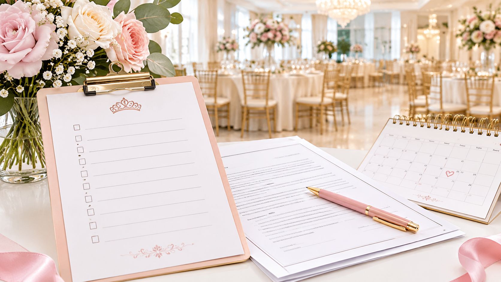 Lista de tareas y calendario sobre una mesa para la organización de una fiesta de quince años.