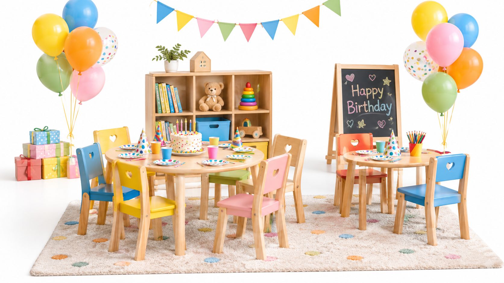 Decoración de cumpleaños para niños con mesas, sillas de colores y globos en un estudio blanco.