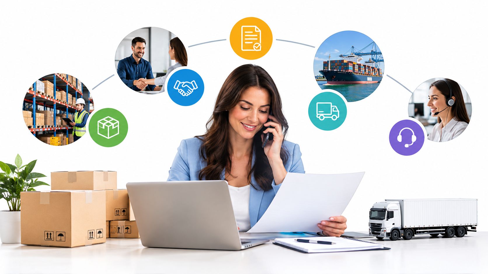 Mujer de negocios coordinando operaciones de logística y envíos internacionales mediante su computadora y teléfono celular.