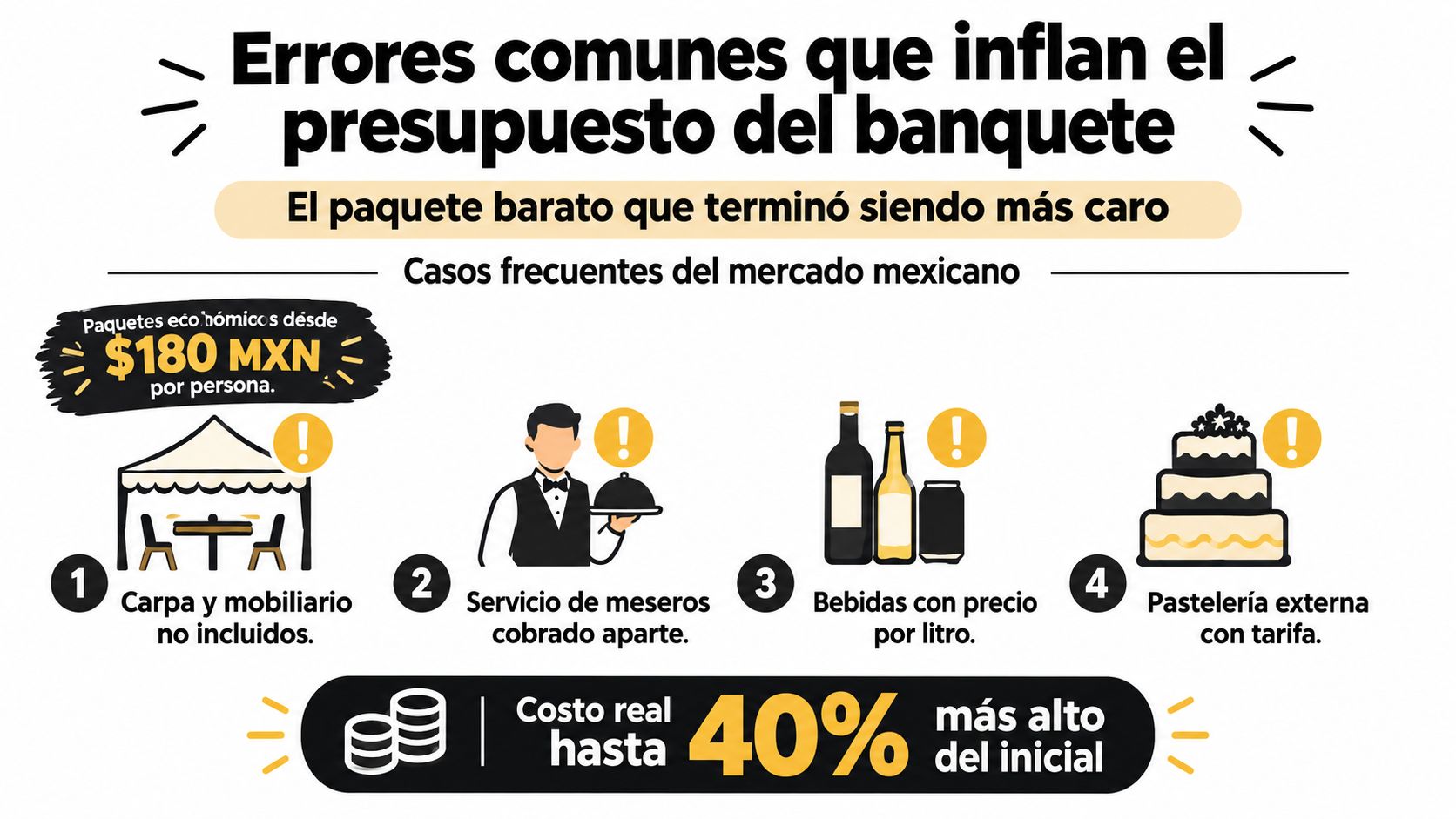Infografía sobre errores comunes al contratar banquetes que inflan el presupuesto inicial hasta en un cuarenta por ciento.