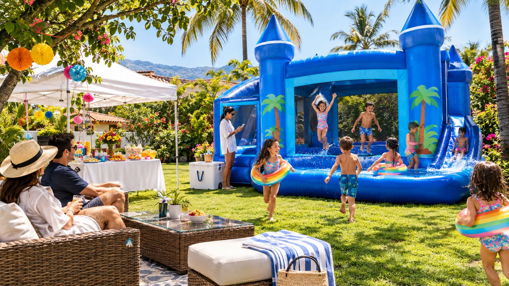 Niños disfrutando de un brincolín acuático inflable en una divertida fiesta de jardín con sus padres presentes.