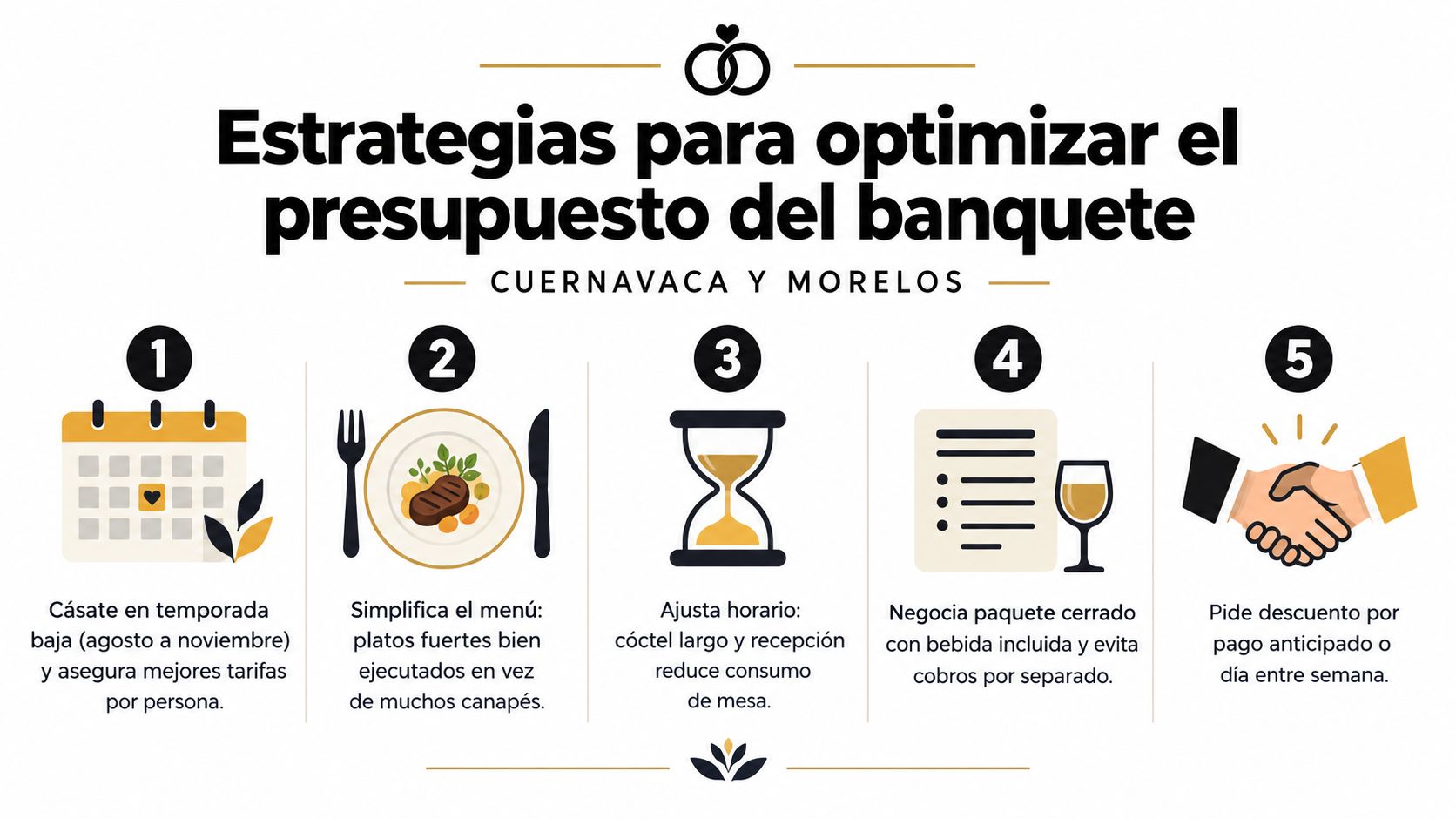 Infografía con cinco consejos para optimizar el presupuesto en la contratación de banquetes para bodas en Morelos.