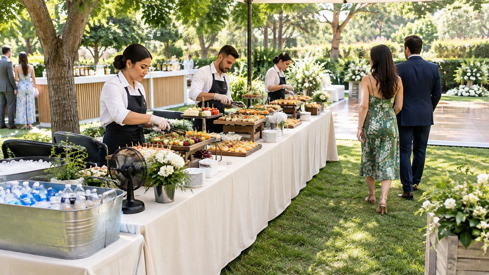 Camareros profesionales sirven deliciosos bocadillos en una elegante mesa buffet durante una boda al aire libre.