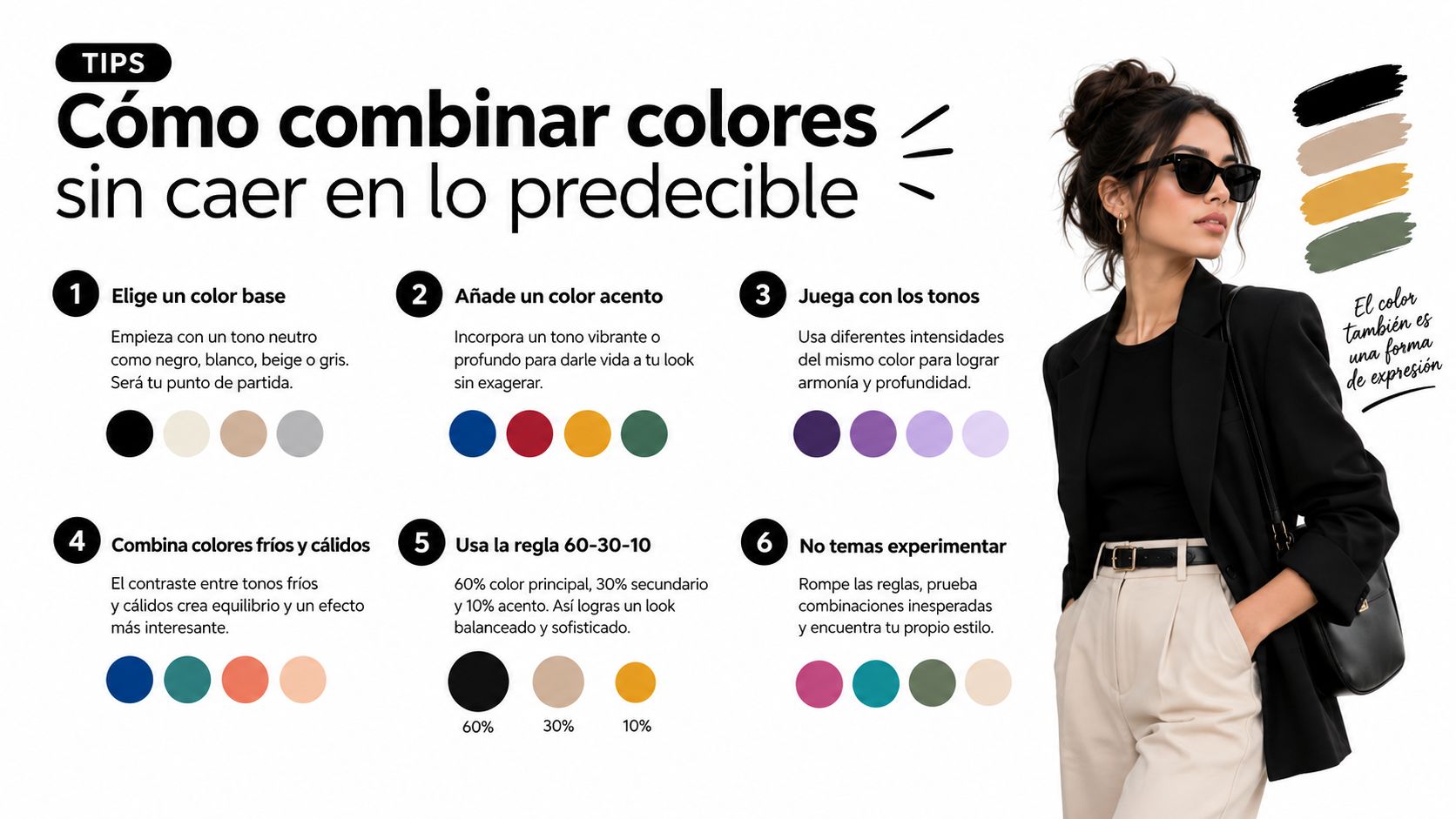 Una infografía educativa con seis consejos sobre cómo combinar colores para crear outfits elegantes y originales.