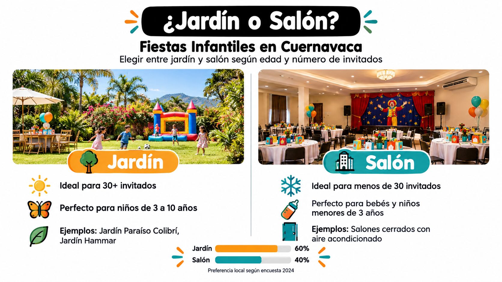 Comparativa visual entre jardín y salón para celebrar fiestas infantiles en Cuernavaca con recomendaciones por edad e invitados.