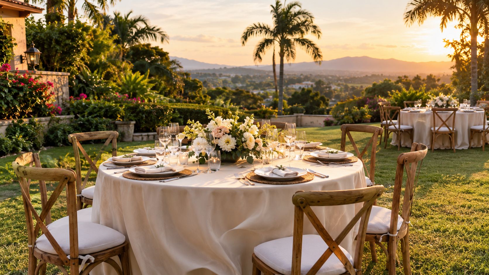 Una elegante mesa redonda preparada para una boda al aire libre durante una hermosa puesta de sol.