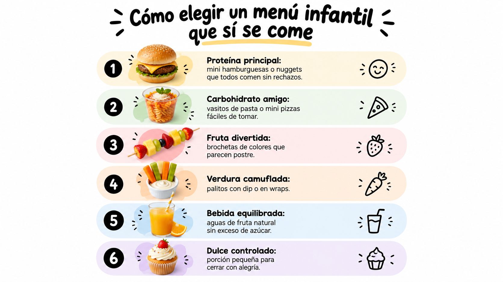 Infografía con seis consejos prácticos para seleccionar un menú infantil saludable y atractivo para eventos especiales.