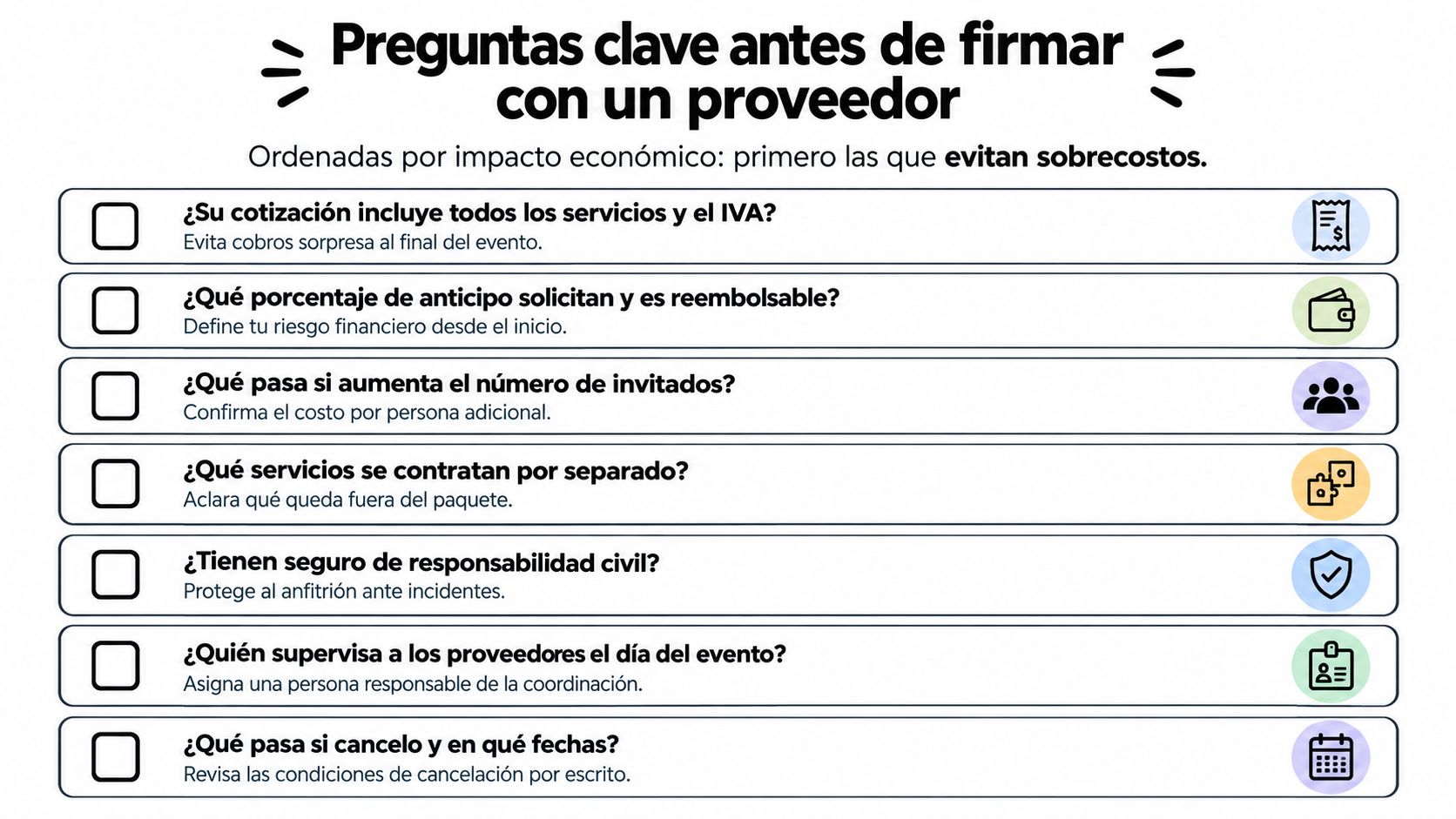 Lista de verificación con siete preguntas esenciales para hacer a proveedores antes de contratar servicios para eventos.