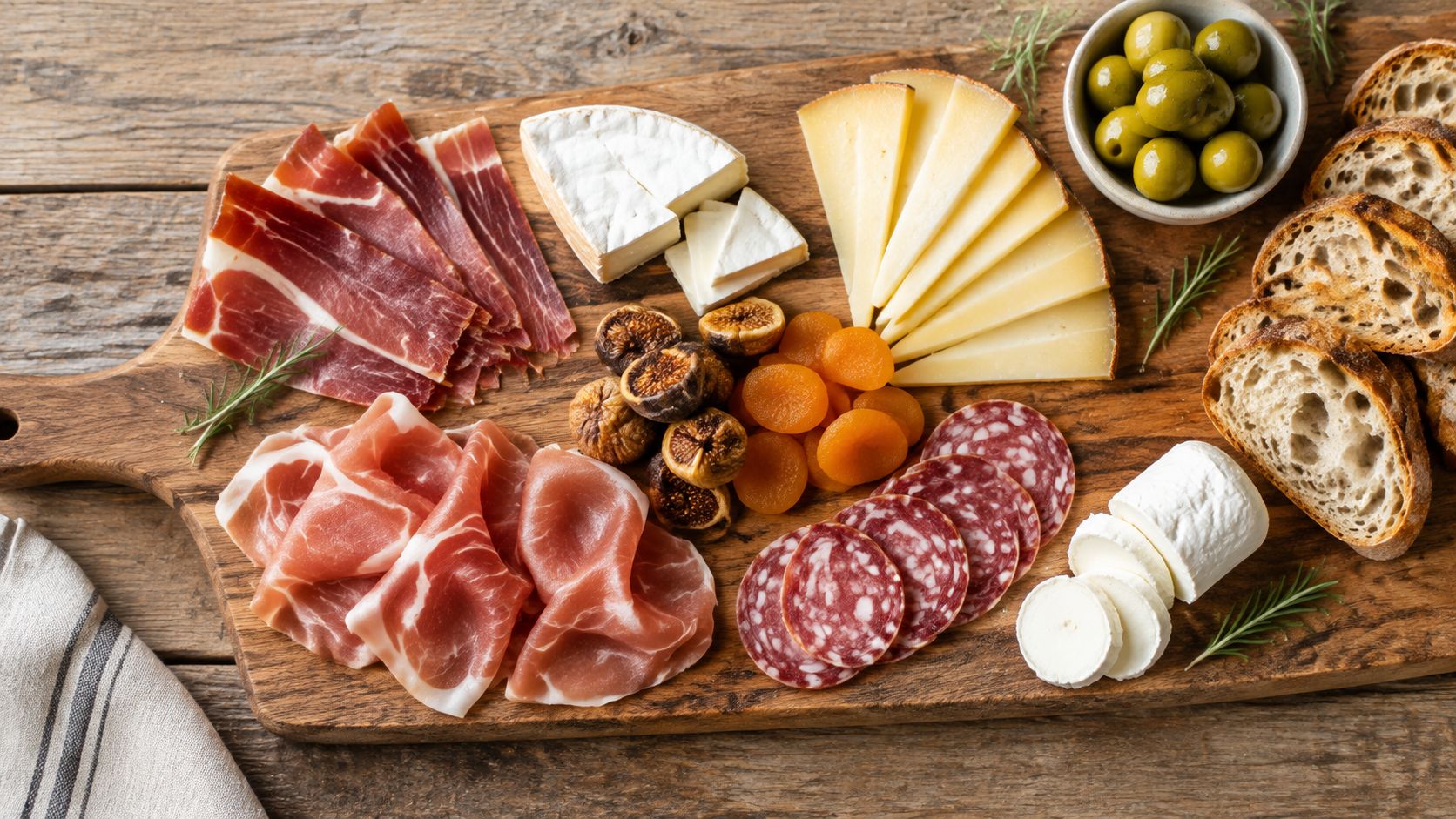 Tabla de madera con una variedad de quesos, embutidos, aceitunas, frutos secos y rebanadas de pan rústico.