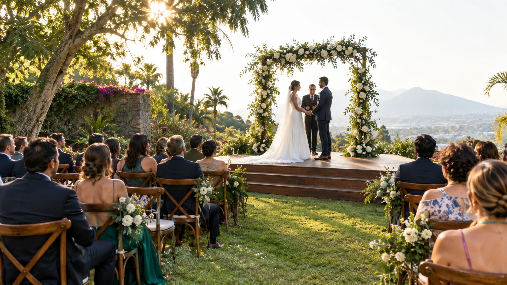 Pareja casándose bajo un arco de flores en una ceremonia de boda al aire libre.