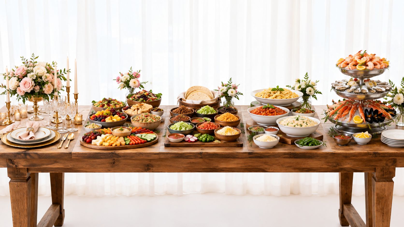 Una mesa larga de madera preparada con una elegante selección de comida estilo buffet para una fiesta.