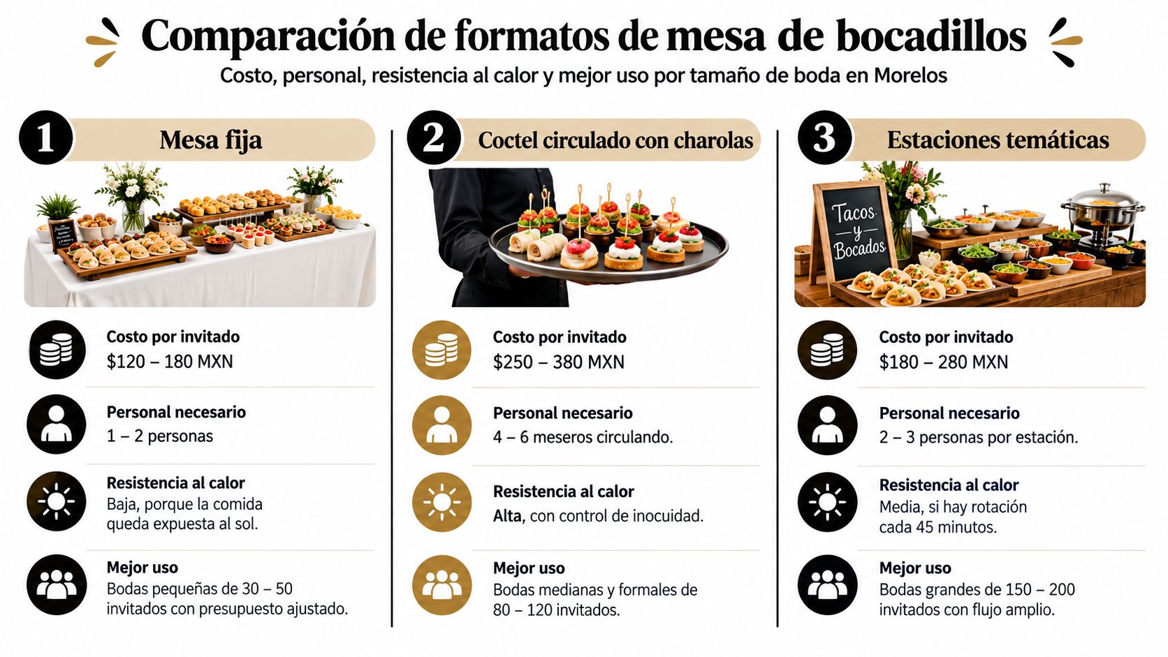 Infografía comparativa de tres formatos para servir mesas de bocadillos en bodas según costo y personal.