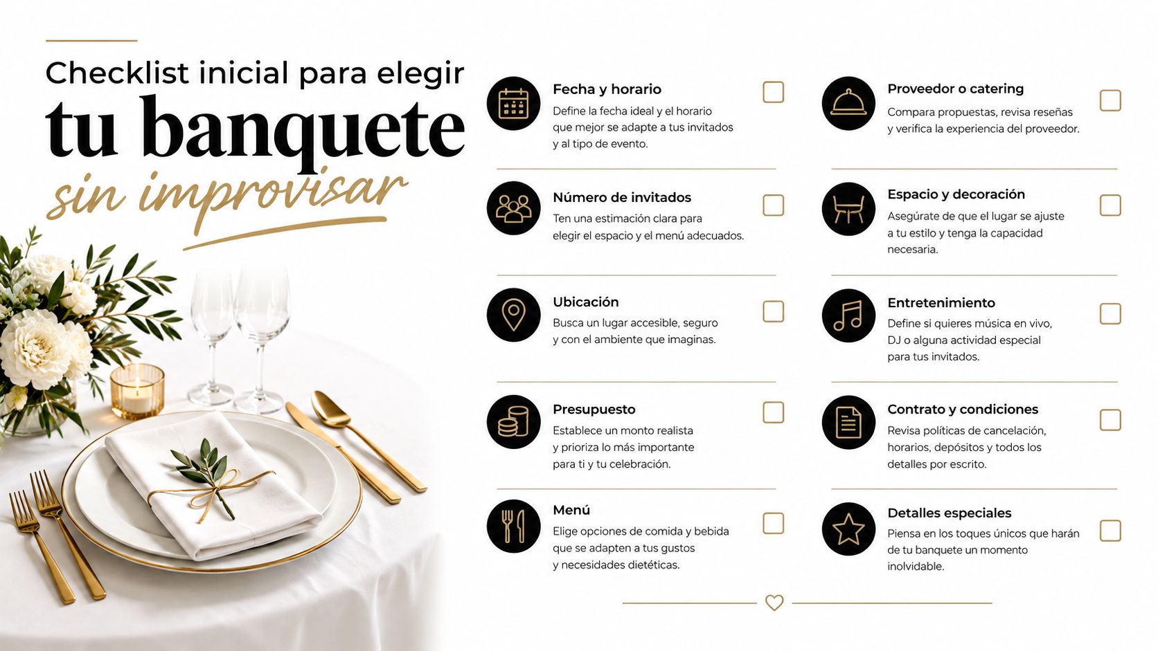 Una lista de verificación visual para organizar banquetes de eventos con pasos clave para una planificación exitosa.