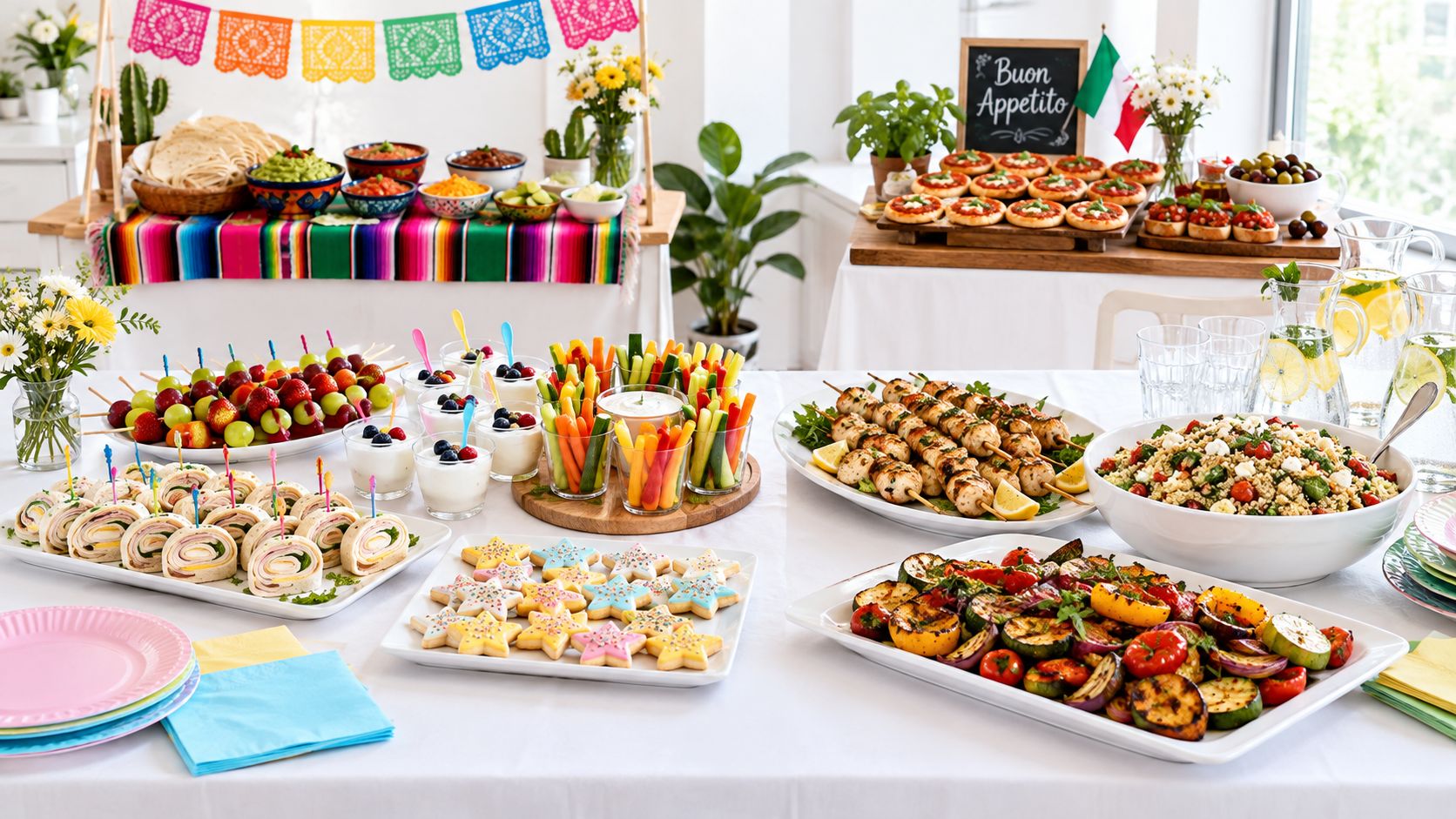 Una mesa larga decorada con variedad de platos de comida fresca y aperitivos para una celebración festiva.